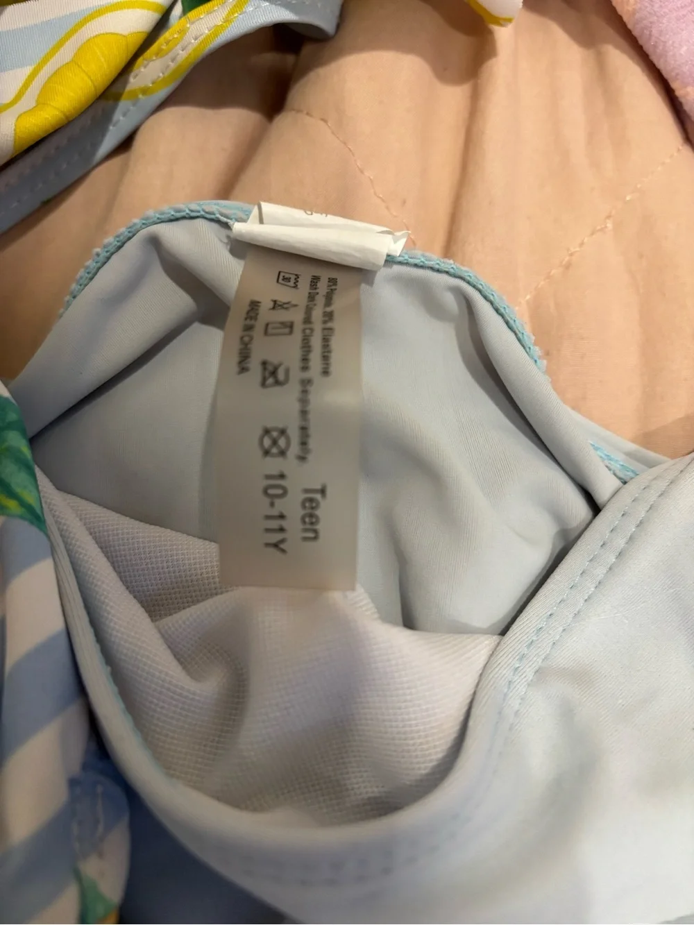 SHEIN Light Blue & White Striped Girls Bikini with Orange Fruit Print